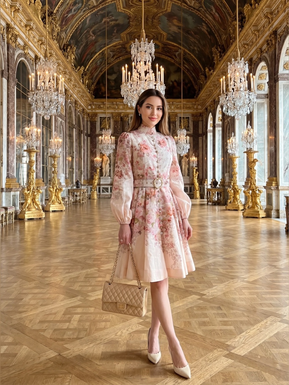 Elegant Pink Floral Belted Dress small